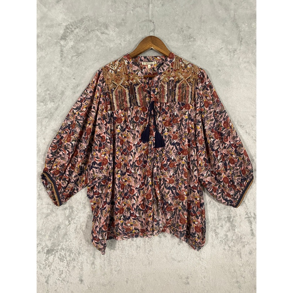 Gimmicks BKE Kimono Top Sz L Pink Floral Embroidered Tassel Boho Peasant Western